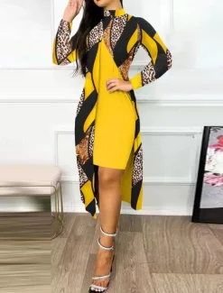 Women's Dress Set Casual Dress Casual Leopard Color Block Print Midi Dress Long Sleeve Stand Collar Outdoor Daily Yellow Red Navy Blue Summer Spring Regular Fit