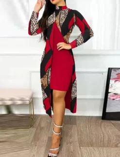 Women's Dress Set Casual Dress Casual Leopard Color Block Print Midi Dress Long Sleeve Stand Collar Outdoor Daily Yellow Red Navy Blue Summer Spring Regular Fit