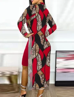 Women's Dress Set Casual Dress Casual Leopard Color Block Print Midi Dress Long Sleeve Stand Collar Outdoor Daily Yellow Red Navy Blue Summer Spring Regular Fit
