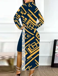 Women's Dress Set Casual Dress Casual Leopard Color Block Print Midi Dress Long Sleeve Stand Collar Outdoor Daily Yellow Red Navy Blue Summer Spring Regular Fit
