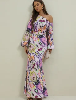 Women's Dress Set Casual Dress Sheath Dress Print Dress Fashion Streetwear Graphic Abstract Print Maxi Dress Long Sleeve One Shoulder Outdoor Vacation Red Royal Blue Sky Blue Summer Spring Loose Fit