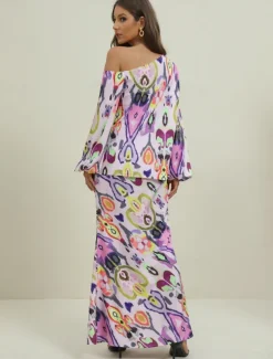 Women's Dress Set Casual Dress Sheath Dress Print Dress Fashion Streetwear Graphic Abstract Print Maxi Dress Long Sleeve One Shoulder Outdoor Vacation Red Royal Blue Sky Blue Summer Spring Loose Fit