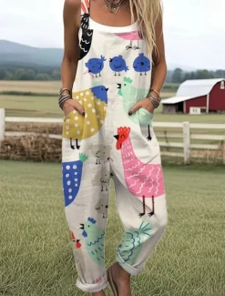 Women's Dungarees Active Animal Sleeveless Sleeveless Wide Leg Pocket Buttons Vacation Street Loose Fit White Blue Green Summer