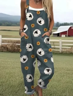 Women's Dungarees Active Floral Sleeveless Sleeveless Straight Square Neck Pocket with Pocket Vacation Street Loose Fit White Yellow Army Green Summer