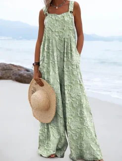 Women's Dungarees Active Floral Sleeveless Wide Leg Vacation Street Loose Fit Blue Purple Green Summer