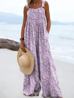 Women's Dungarees Active Floral Sleeveless Wide Leg Vacation Street Loose Fit Blue Purple Green Summer