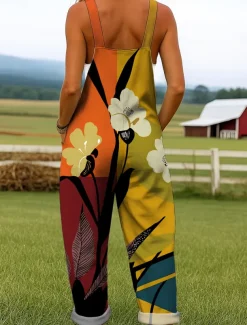 Women's Dungarees Active Floral Sleeveless Harem Drawstring with Pocket Vacation Street Loose Fit Yellow Red Blue Summer