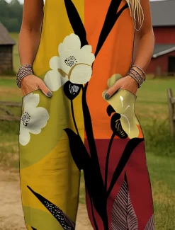 Women's Dungarees Active Floral Sleeveless Harem Drawstring with Pocket Vacation Street Loose Fit Yellow Red Blue Summer