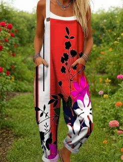 Women's Dungarees Active Floral Sleeveless Harem Drawstring with Pocket Vacation Street Loose Fit Yellow Red Blue Summer