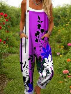 Women's Dungarees Active Floral Sleeveless Harem Drawstring with Pocket Vacation Street Loose Fit Yellow Red Blue Summer