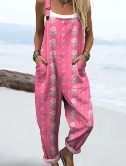 Women's Dungarees Active Floral Sleeveless Sleeveless Straight Square Neck Pocket with Pocket Vacation Daily Loose Fit Yellow Pink Blue Summer