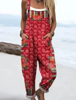 Women's Dungarees Active Floral Sleeveless Sleeveless Straight Square Neck Pocket with Pocket Vacation Daily Loose Fit Pink Red Beige Summer