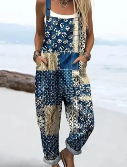 Women's Dungarees Active Floral Sleeveless Sleeveless Straight Square Neck Patchwork Pocket Vacation Daily Loose Fit Pink Blue Purple Summer