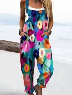 Women's Dungarees Active Floral Sleeveless Sleeveless Straight Square Neck Patchwork Pocket Vacation Daily Loose Fit Pink Blue Purple Summer