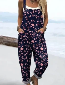 Women's Dungarees Active Floral Sleeveless Sleeveless Straight Square Neck Patchwork Pocket Vacation Daily Loose Fit Pink Blue Purple Summer