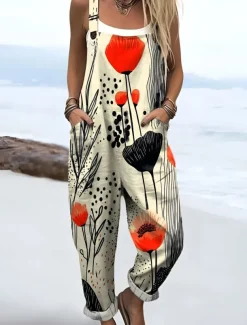 Women's Dungarees Active Floral Sleeveless Sleeveless Straight Square Neck Pocket with Pocket Vacation Daily Loose Fit Orange Green Beige Summer