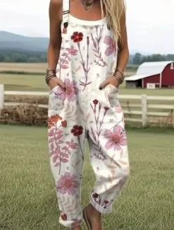 Women's Dungarees Active Floral Sleeveless Sleeveless Straight Square Neck Pocket with Pocket Vacation Daily Loose Fit White Pink Blue Summer