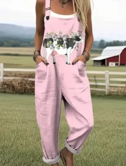 Women's Dungarees Active Floral Sleeveless Sleeveless Straight Square Neck Pocket with Pocket Vacation Daily Loose Fit White Pink Green Summer