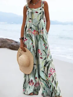 Women's Dungarees Active Floral Sleeveless Wide Leg Vacation Street Loose Fit Yellow Pink Red Summer