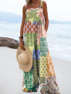 Women's Dungarees Active Floral Sleeveless Wide Leg Vacation Street Loose Fit Yellow Pink Red Summer