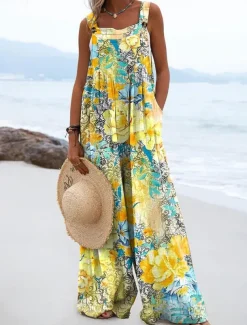 Women's Dungarees Active Floral Sleeveless Wide Leg Vacation Street Loose Fit Yellow Pink Red Summer