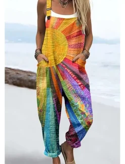 Women's Dungarees Active Floral Sleeveless Sleeveless Harem Square Neck Pocket with Pocket Vacation Daily Loose Fit Yellow Pink Blue Summer