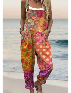 Women's Dungarees Active Floral Sleeveless Sleeveless Harem Square Neck Pocket with Pocket Vacation Daily Loose Fit Yellow Pink Blue Summer