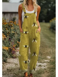 Women's Dungarees Active Graphic Sleeveless Sleeveless Straight Square Neck Pocket Vacation Daily Loose Fit White Blue Green Summer