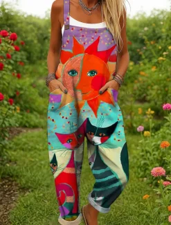 Women's Dungarees Active Graphic Sleeveless Wide Leg Print Vacation Street Loose Fit Yellow Red Blue Summer