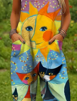 Women's Dungarees Active Graphic Sleeveless Wide Leg Print Vacation Street Loose Fit Yellow Red Blue Summer