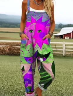 Women's Dungarees Active Graphic Sleeveless Wide Leg Print Vacation Street Loose Fit Yellow Red Blue Summer