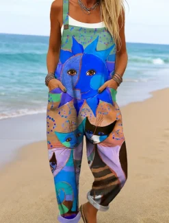 Women's Dungarees Active Graphic Sleeveless Wide Leg Print Vacation Street Loose Fit Yellow Red Blue Summer