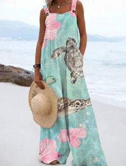 Women's Dungarees Active Graphic Sleeveless Wide Leg Vacation Street Loose Fit White Blue Green Summer