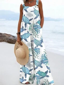 Women's Dungarees Active Graphic Sleeveless Wide Leg Vacation Street Loose Fit White Blue Green Summer