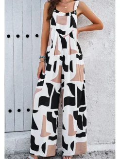 Women's Dungarees Active Graphic Sleeveless Sleeveless Wide Leg Pocket Buttons Vacation Daily Loose Fit Black White Navy Blue Summer