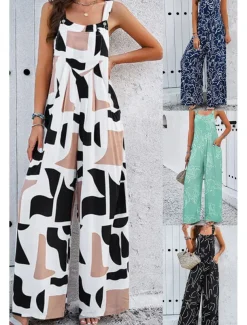 Women's Dungarees Active Graphic Sleeveless Sleeveless Wide Leg Pocket Buttons Vacation Daily Loose Fit Black White Navy Blue Summer