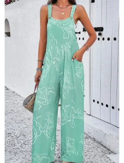 Women's Dungarees Active Graphic Sleeveless Sleeveless Wide Leg Pocket Buttons Vacation Daily Loose Fit Black White Navy Blue Summer