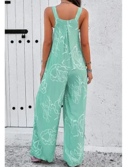 Women's Dungarees Active Graphic Sleeveless Sleeveless Wide Leg Pocket Buttons Vacation Daily Loose Fit Black White Navy Blue Summer