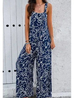 Women's Dungarees Active Graphic Sleeveless Sleeveless Wide Leg Pocket Buttons Vacation Daily Loose Fit Black White Navy Blue Summer