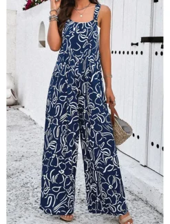 Women's Dungarees Active Graphic Sleeveless Sleeveless Wide Leg Pocket Buttons Vacation Daily Loose Fit Black White Navy Blue Summer