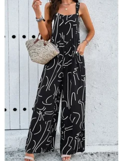 Women's Dungarees Active Graphic Sleeveless Sleeveless Wide Leg Pocket Buttons Vacation Daily Loose Fit Black White Navy Blue Summer