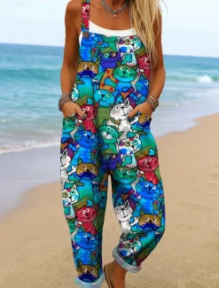 Women's Dungarees Active Graphic Sleeveless Wide Leg Print Vacation Street Loose Fit Yellow Red Blue Summer