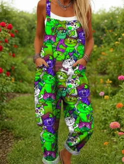 Women's Dungarees Active Graphic Sleeveless Wide Leg Print Vacation Street Loose Fit Yellow Red Blue Summer