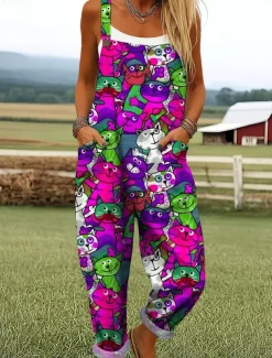 Women's Dungarees Active Graphic Sleeveless Wide Leg Print Vacation Street Loose Fit Yellow Red Blue Summer