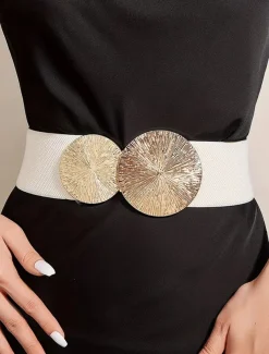 Women's Elastic Waist Belt with Gold Circle Buckle - Fashionable Wide Stretch Belt for Dresses, Casual and Formal Occasions