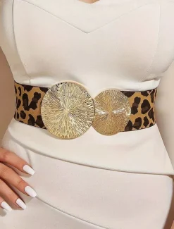 Women's Elastic Waist Belt with Gold Circle Buckle - Fashionable Wide Stretch Belt for Dresses, Casual and Formal Occasions