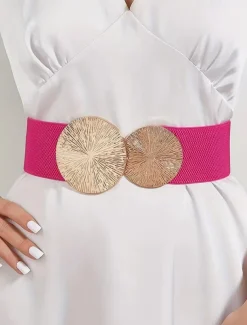 Women's Elastic Waist Belt with Gold Circle Buckle - Fashionable Wide Stretch Belt for Dresses, Casual and Formal Occasions