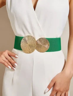 Women's Elastic Waist Belt with Gold Circle Buckle - Fashionable Wide Stretch Belt for Dresses, Casual and Formal Occasions