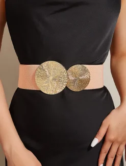 Women's Elastic Waist Belt with Gold Circle Buckle - Fashionable Wide Stretch Belt for Dresses, Casual and Formal Occasions