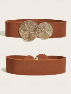 Women's Elastic Waist Belt with Gold Circle Buckle - Fashionable Wide Stretch Belt for Dresses, Casual and Formal Occasions